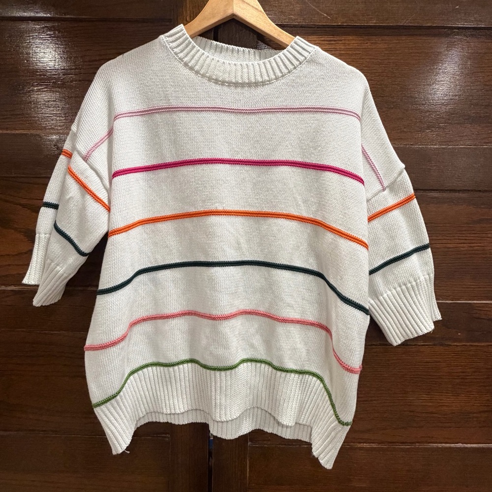 ✅5/25 Color Striped XL Knit Pullover white crewneck short sleeve rainbow sweater